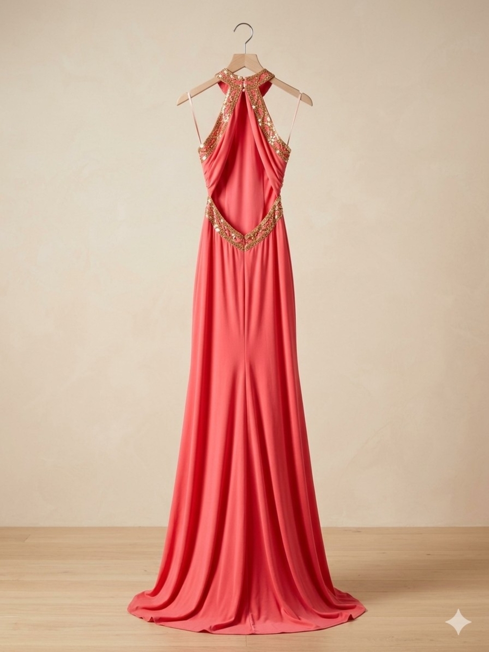 Betsy & Adam Coral Halter High-Low Gown with Beaded Waist Size 4 - Picture 3 of 10